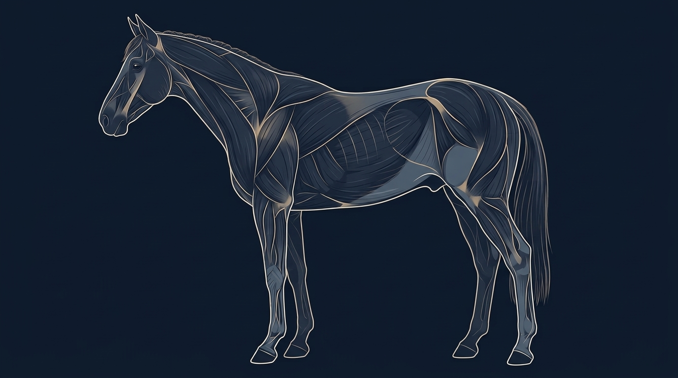 Stylised lateral illustration of a horse showing simplified superficial muscular regions.