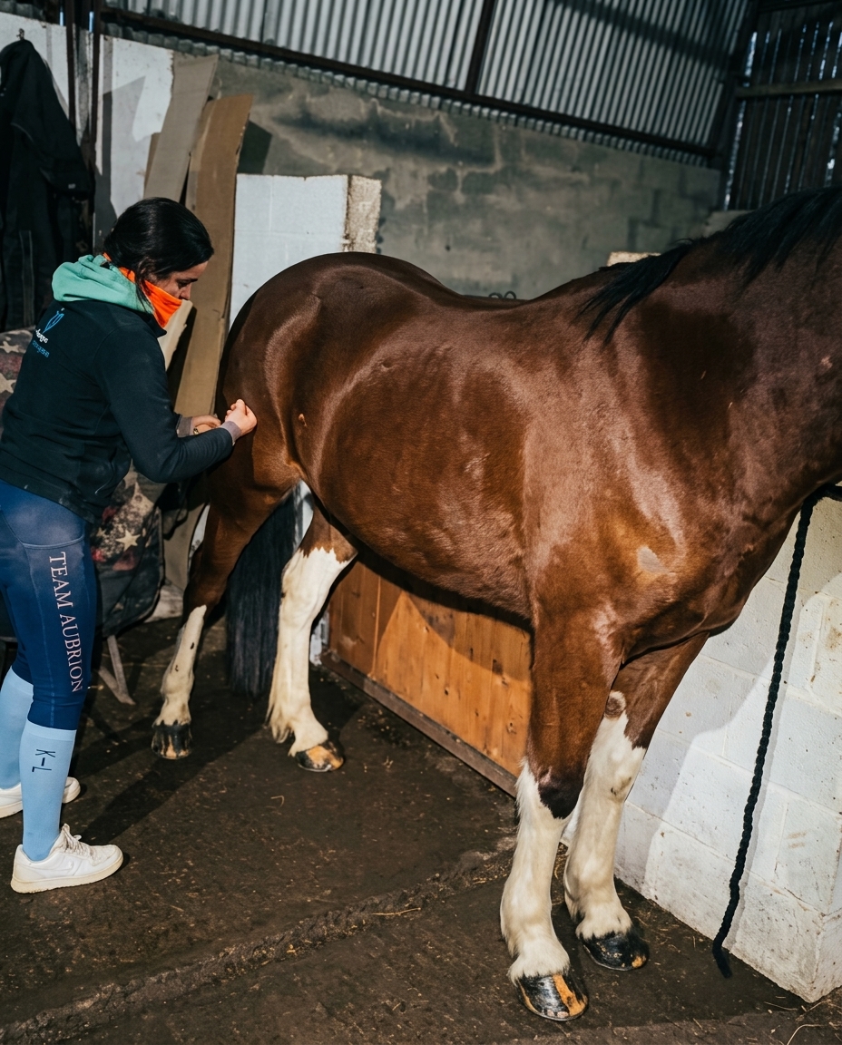 Katie Salmon providing hands-on muscular therapy around the hindquarters of a bay horse in a stable.